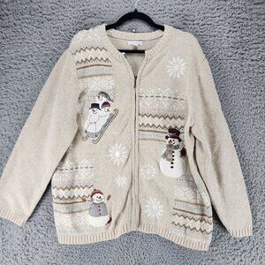 Croft & Barrow Sweater Womens 2X Tan Silk Blend Zip Snowman Winter Cardigan